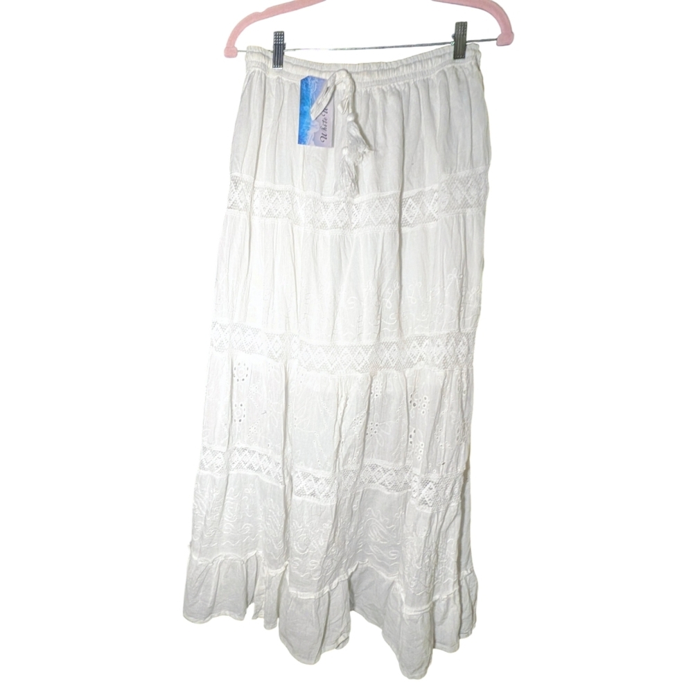 White Waves Boho Tiered Maxi Skirt XXL 100% Cotton Lace Inset White NWT